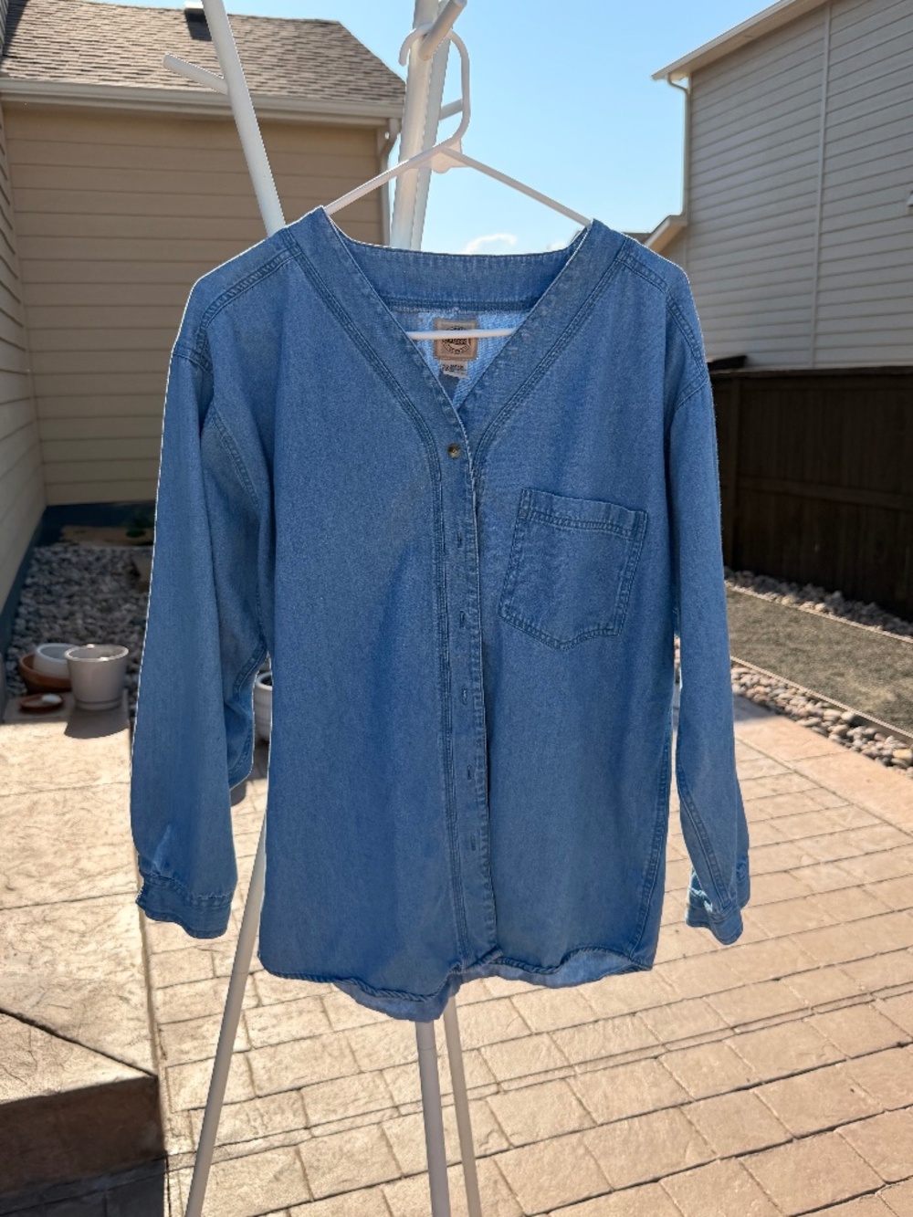 Vintage 90s GH Bass Collarless V Neck Denim Button Down Shirt